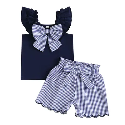 Toddler Girl Summer Clothes Sleeveless Ruffled Tank Tops + Bow Decor Plaid Print Shorts 2 Piece Gift Set