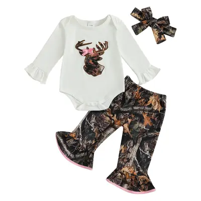Newborn Baby Girl Hunting Clothes Deer Reindeer Head Embroidery Long Sleeve Romper Camo Jungle Flare Pants Set Fall Winter Ou...