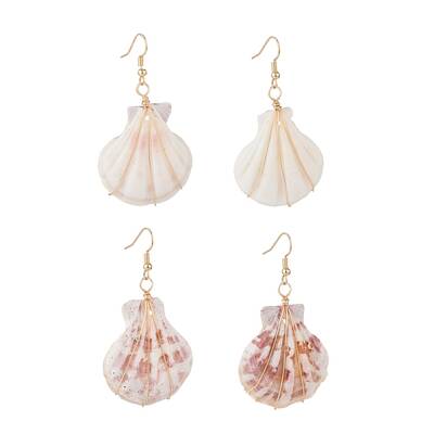 Copper Wire Wrapped Natural Scallop Shell Dangle Earring for Women