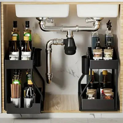 1pc 2-Tier Pull-Out Plastic Storage Organizer Box - Space-Saving Drawer Organizer with Durable Plastic Construction, Large Ca...