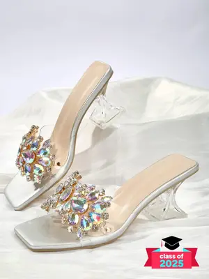 Women's Artificial Crystal Decor Comfy Sandals for Beach Holiday Vacation, Classy Rhinestone Sandals, Heels for Women, 2025 C...