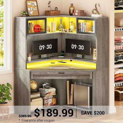 SEDETA ® 31.5 Inch Corner Computer Desk Small Space Gaming Desk Office Desk with Drawers Storage Shelves Hutch LED Lights Po...