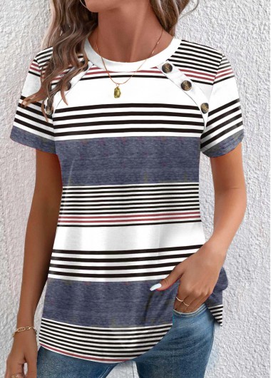 Modlily Dusty Blue Button Plus Size Striped T Shirt - XXL