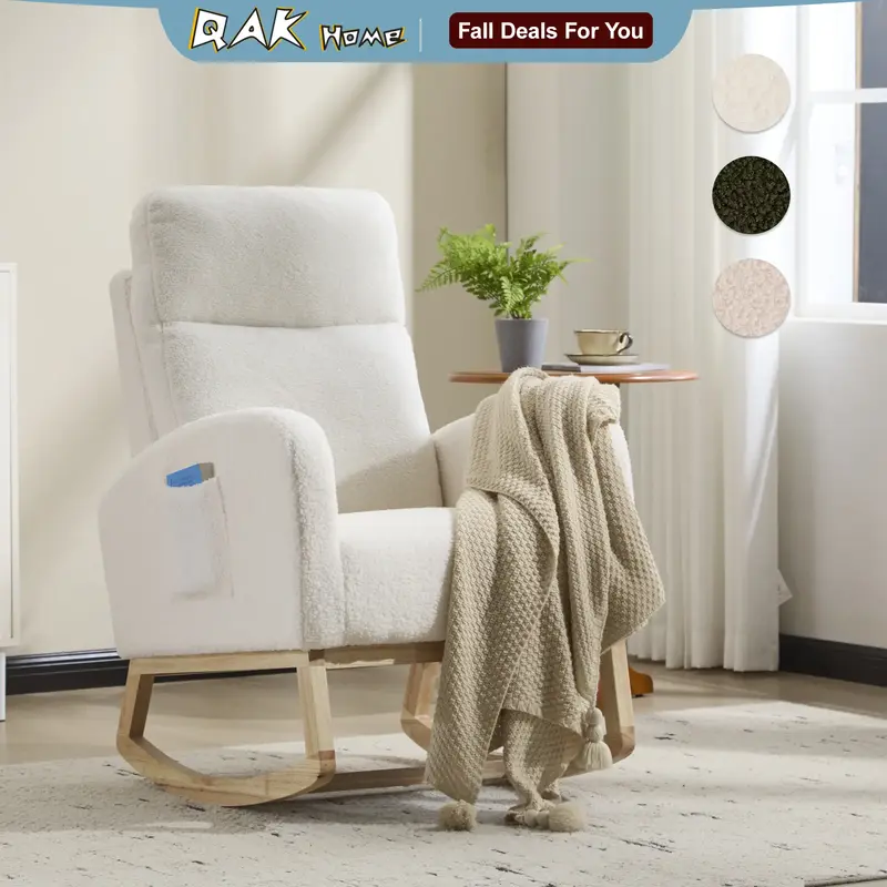 QAK Modern Accent Rocking Chair with Solid Wood Legs, Upholstered Nursery Glider Rocker, Comfy Armchair with Side Pocket, Liv...