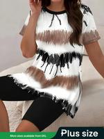 【Plus Size】 Two-Piece Set Oil Painting Print Short Sleeve Tee & Skinny Shorts, Casual Round Neck T-shirt & Short Leggings...