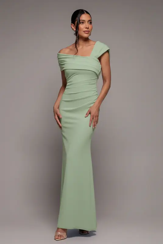 Goddiva One Shoulder Scuba Crepe Evening Maxi Dress - Mint Green
