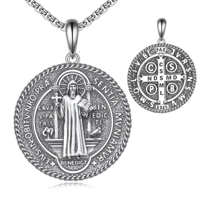 925 Sterling Silver Saint Benedict Necklace for Men Sterling Silver Pendant Necklaces Protect Jewelry Gifts for Men Women