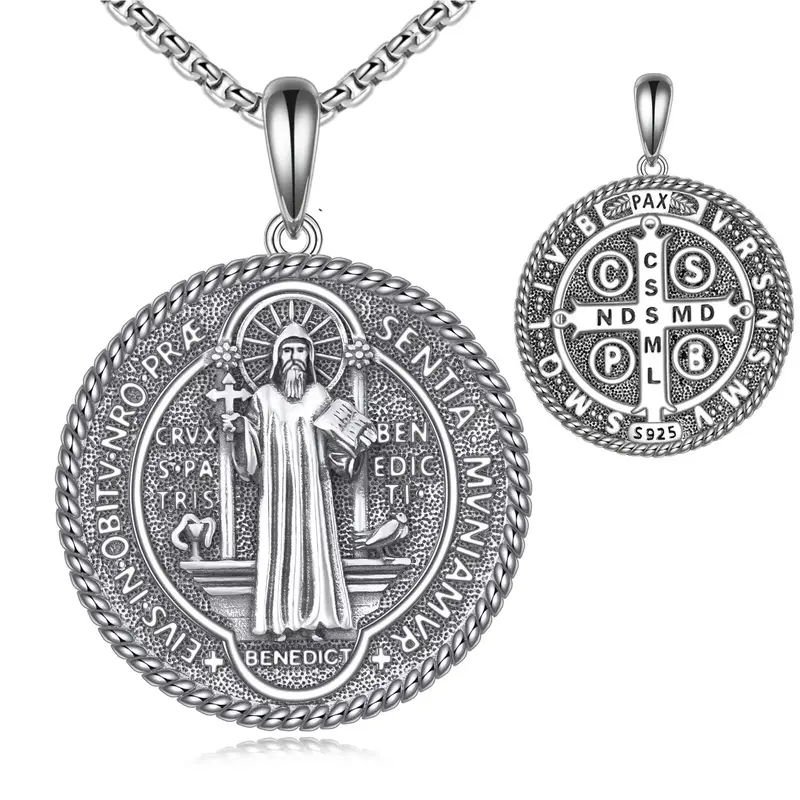 925 Sterling Silver Saint Benedict Necklace for Men Sterling Silver Pendant Necklaces Protect Jewelry Gifts for Men Women