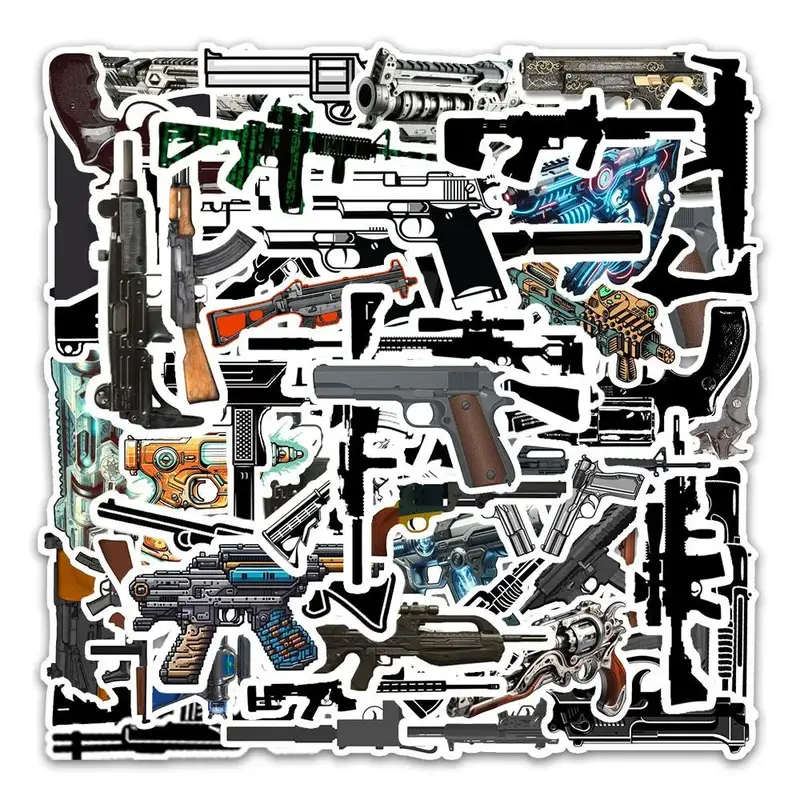 Cool Gun Pattern Sticker, 54pcs/pack Waterproof Self Adhesive Decor Paper, Decor Sticker for Gift Greeting Card Water Bottle ...