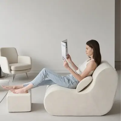 Comfy Ergonomic Sofa, High-Density Foam Reading Chair with Ottoman, Cozy Beanbag Sofa Chair with Waist Support for Living Roo...