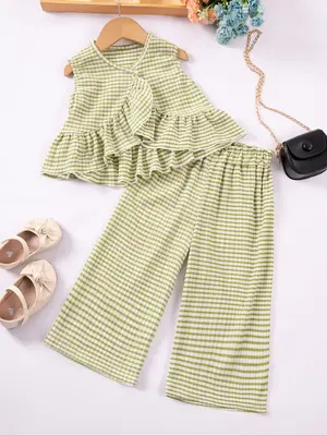 Two-piece Set Toddler Girl's Striped Print Crop Tank Top & Wide Leg Pants, Casual Sleeveless Round Neck Top & Trousers for Da...