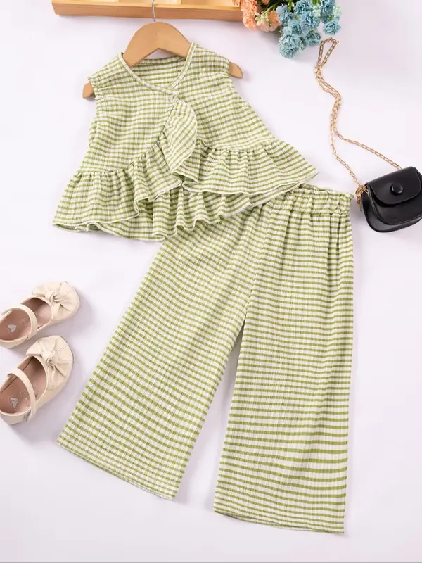Two-piece Set Toddler Girl's Striped Print Crop Tank Top & Wide Leg Pants, Casual Sleeveless Round Neck Top & Trousers for Da...