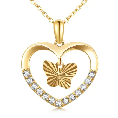 9K Gold Circular Shaped Moissanite Butterfly Pendant Necklace