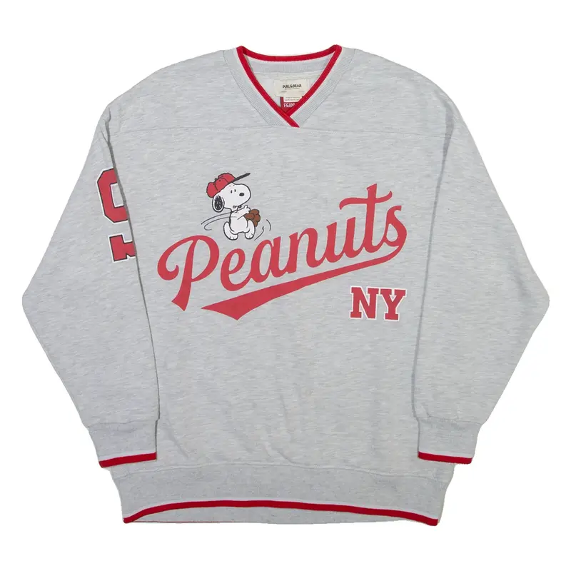 PULL & BEAR Peanuts NY Mens Sweatshirt Grey V-Neck USA XS