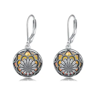 Sterling Silver Circular Shaped Moonstone Sunflower Lever-back Earrings