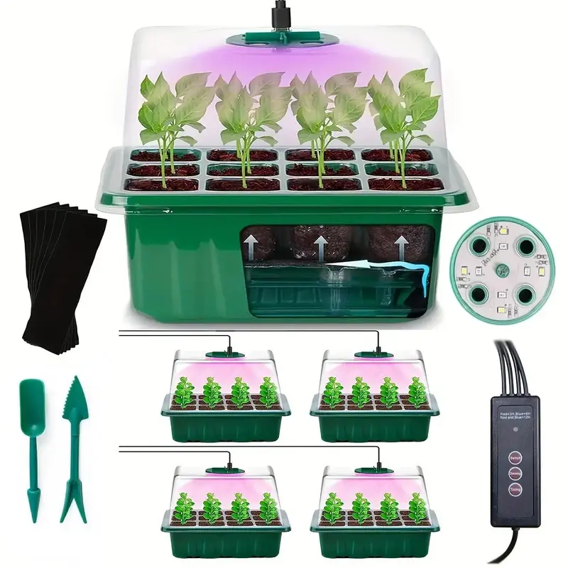 Self-Watering Seed Starter Tray Kit with Grow Light and Humidity Dome,3 Color Growing Light,5-Pack 60-Cell Plant Seedling Tra...