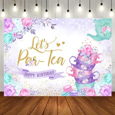 Lets Parten Cups Floral Happy Birthday Backdrop - Aperturee