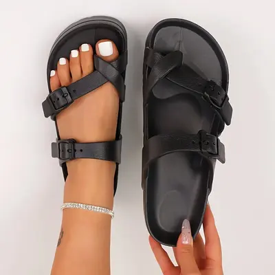 Womens Fashionable Buckle Strap EVA Platform Slides - Open Toe, Solid Colors, Ultra-Lightweight & Comfortable - Perfect Beach...