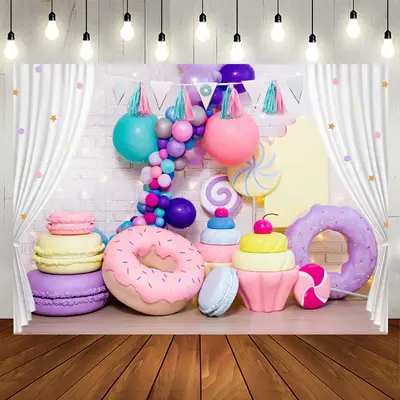 Aperturee White Curtain Color Balloon Donut Macaron Backdrop