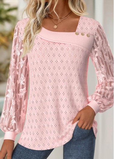 Modlily Light Pink Lace Long Sleeve Asymmetrical Neck T Shirt - XXL