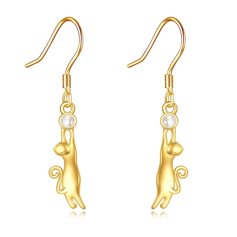 14K Gold Pearl Cat Drop Earrings