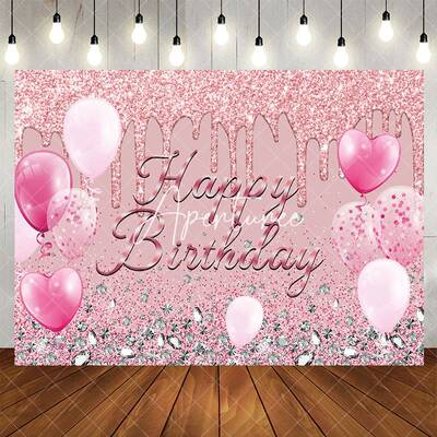 Aperturee Pink Glitter Balloon Diamond Happy Birthday Backdrop, 5X3FT(1.5X1M), 15.07 USD, birthday backdrops, YZHD0O50-E