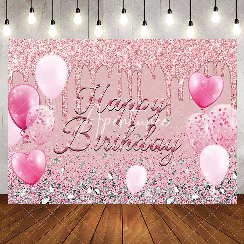 Aperturee Pink Glitter Balloon Diamond Happy Birthday Backdrop, 5X3FT(1.5X1M), 15.07 USD, birthday backdrops, YZHD0O50-E