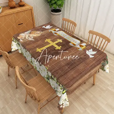 Aperturee Wood Grain God Bless Baptism Rectangular Tablecloth, 52 x 70 inch, 30.82 USD, rectangle tablecloths, ZWH01889-A