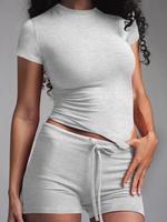 Two-piece Set Women's Solid Color Top & Shorts Set, Casual Fashion Cozy Breathable Two Piece Outfits for Daily Outdoor Wear, ...