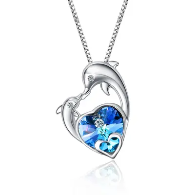 Sterling Silver Heart Shaped Crystal Dolphin & Heart Pendant Necklace