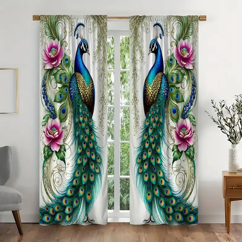 Peacock Pattern Curtain, 2 Counts/set Modern Art Semi Blackout Curtain, Window Curtain for Home Living Room Bedroom Office De...