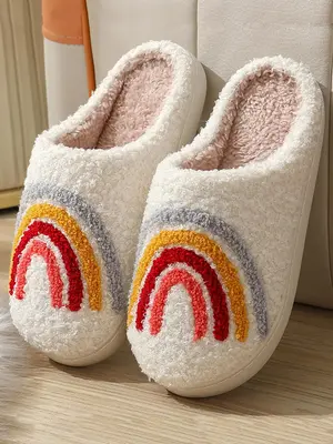 LGBT Women's Rainbow Stripe Design Plush Slippers, Bedroom Warm Fun Indoor Slippers Shoes, Anti-slip Home Flat Slippers, Sho...