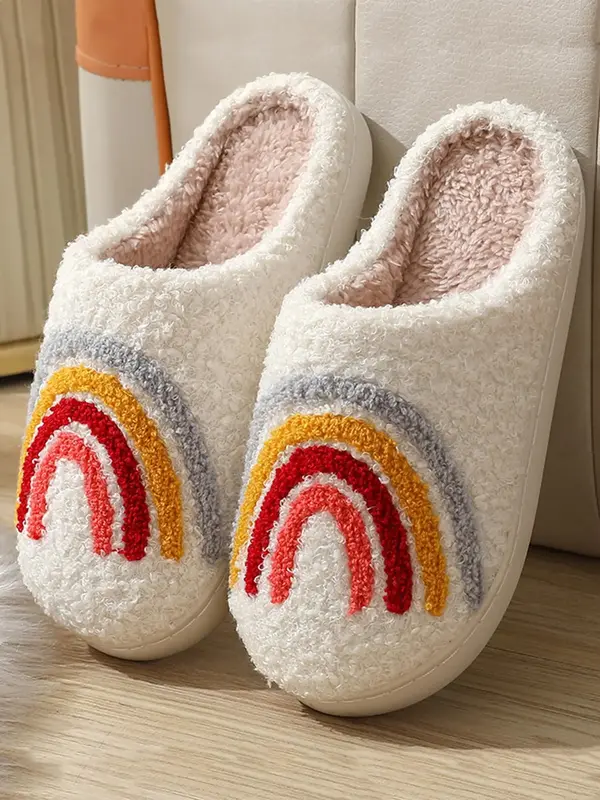 LGBT Women's Rainbow Stripe Design Plush Slippers, Bedroom Warm Fun Indoor Slippers Shoes, Anti-slip Home Flat Slippers, Sho...