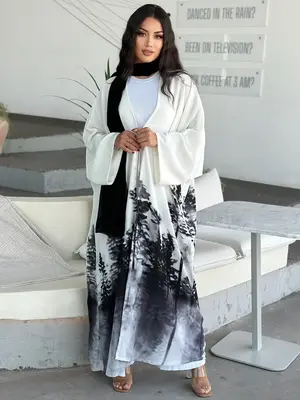 Women's Plants Print Batwing Sleeve Open Front Abaya, Casual Long Sleeve Long Abaya for Daily Wear, Women's Islamic Clothing...