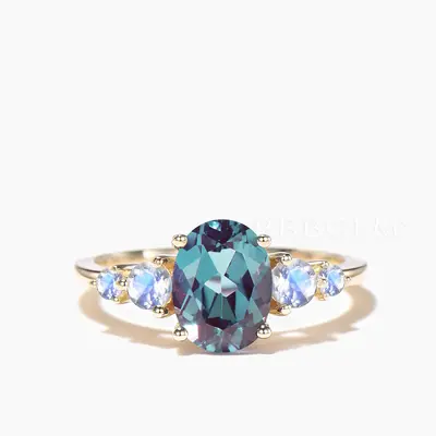 Oval Cut Color-change Alexandrite Engagement Ring Moonstone Cluster Ring