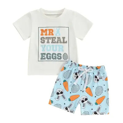 Toddler Baby Boy Easter Outfit Mr Steal Your Eggs Short Sleeve T Shirt Tops Carrot Bunny Print Elastic Waist Shorts 2Pcs Casu...
