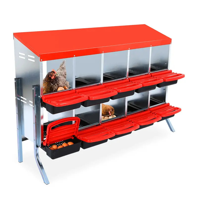GARVEE 10-Compartments Chicken Nest Box - Red Roll-Away Design w/Lid Cover & Legs for Coop Laying Boxes for Hens, Nest Boxes