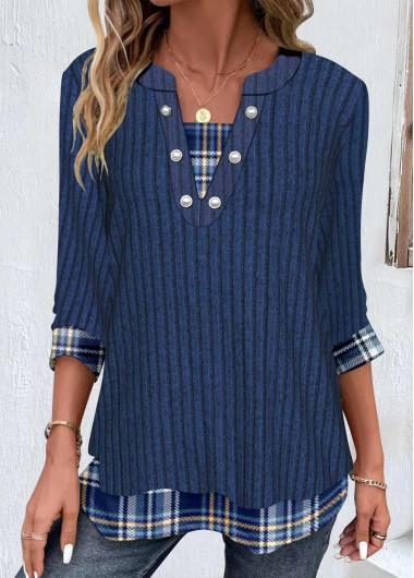 Modlily Dark Blue Patchwork Plaid 3/4 Sleeve T Shirt - M