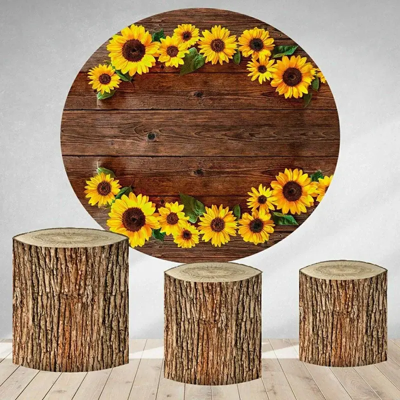 Aperturee Sunflowers And Brown Wooden Round Birthday Backdrop | Round Party Backdrop | Round Backdrop Cover Diy | Custom Circ...