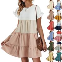 FMEYOA Womens Ruffles Boho Floral Printed Babydoll Loose Swing Casual Short Mini T-Shirt Dress