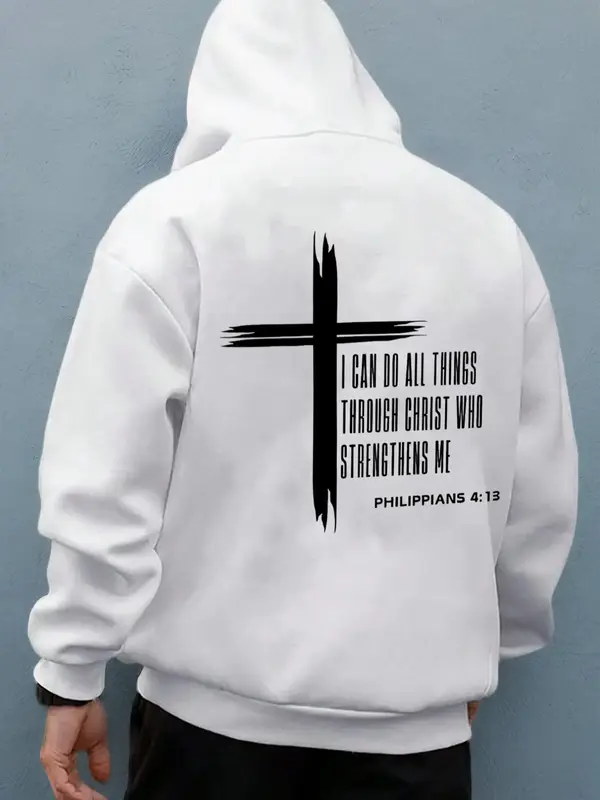 Men's Cross & Letter Print Drop Shoulder Thermal Lined Hoodie, Fashion Casual Regular Fit Drawstring Pocket Hooded Sweatshirt...