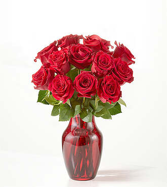 Red Rose Bouquet - 12 Roses with Red Vase - FedEx