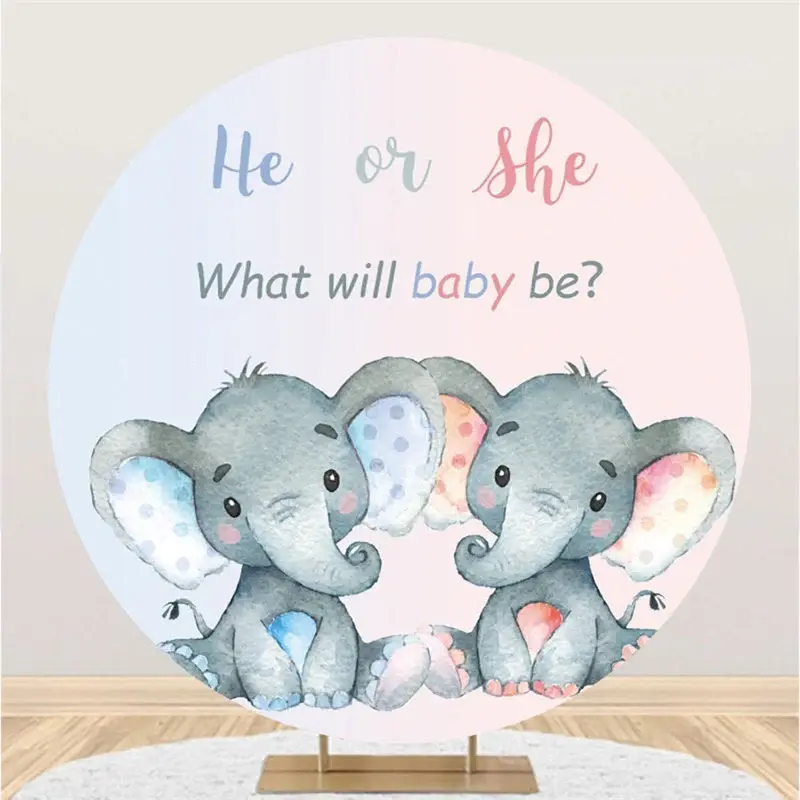 Aperturee Blue And Pink Elephants Round Baby Shower Backdrop | Round Backdrop Baby Shower | Baby Shower Arch Backdrop | Round...
