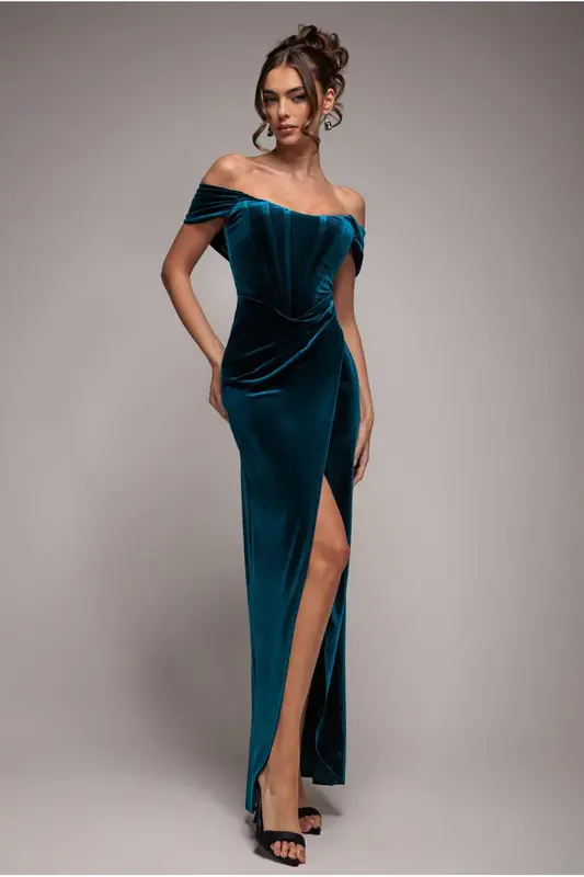 Goddiva Draped Shoulder Velvet Corset Maxi Dress - Teal Blue
