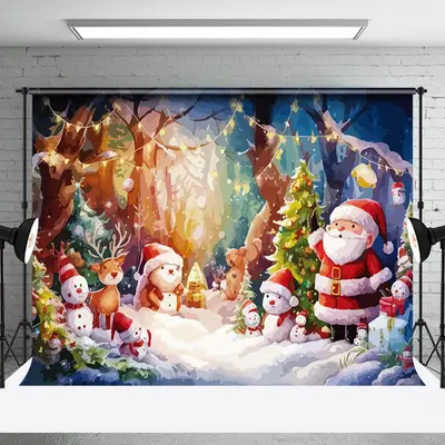 Oil Painted Snowy Forest Snowman Christmas Backdrop - Aperturee