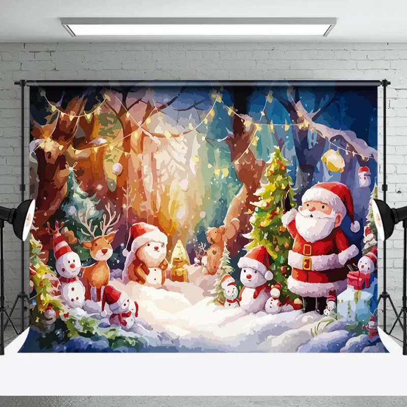 Oil Painted Snowy Forest Snowman Christmas Backdrop - Aperturee