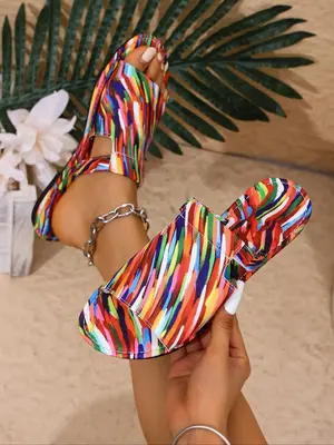 Women's Fashionable Colorblock Striped Pattern Sandals, Casual Comfortable Flat Sandals for Beach, Outdoor, Daily Wear, Valen...