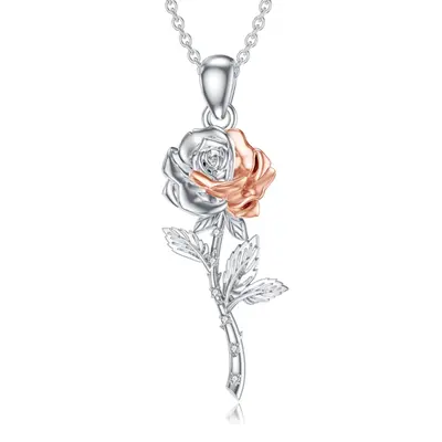 Sterling Silver Two-tone Cubic Zirconia Rose Necklace for Women