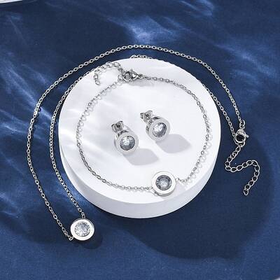 Flat Round 304 Stainless Steel Cubic Zirconia Pendant Necklaces & Bracelets & Stud Earrings Sets for Women