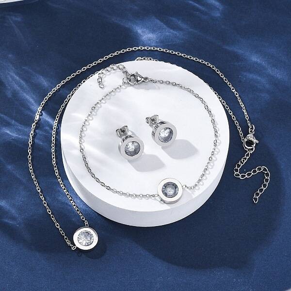 Flat Round 304 Stainless Steel Cubic Zirconia Pendant Necklaces & Bracelets & Stud Earrings Sets for Women